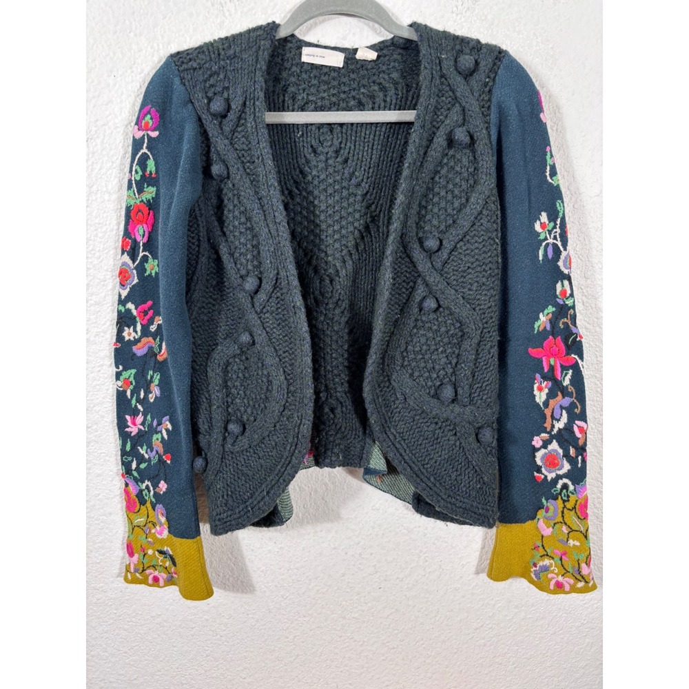 Sleeping on Snow Cardigan Womens M Green Embroidered Cable Knit Bobble Boho